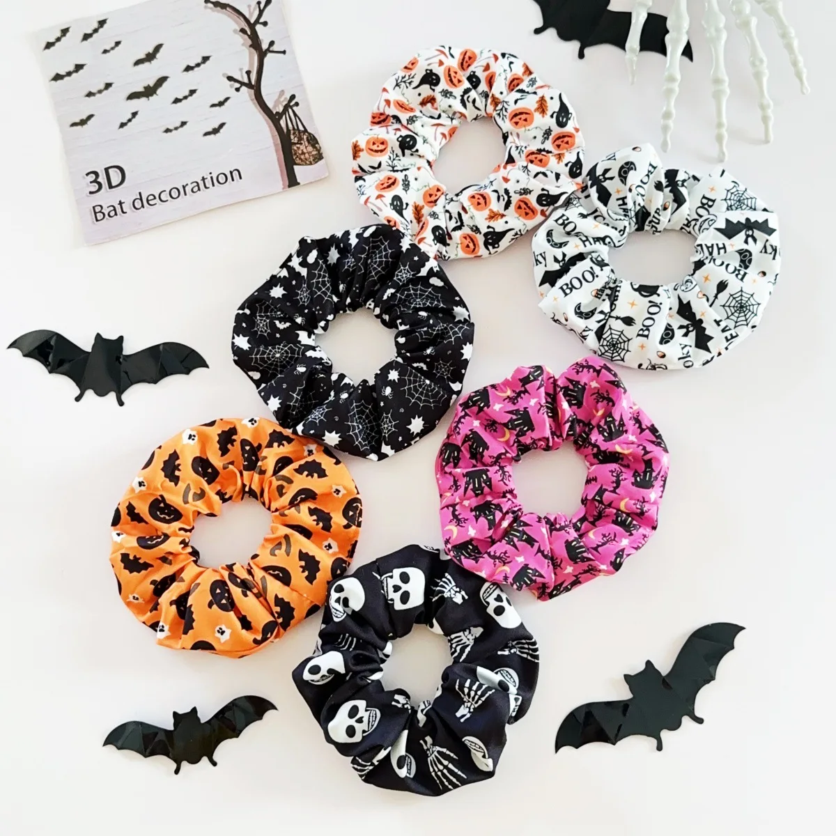 

Halloween Pumpkin Skull Ghost Hand Print Large Scrunchies High Elastic Hair Ties for Women Party Costume Headwear