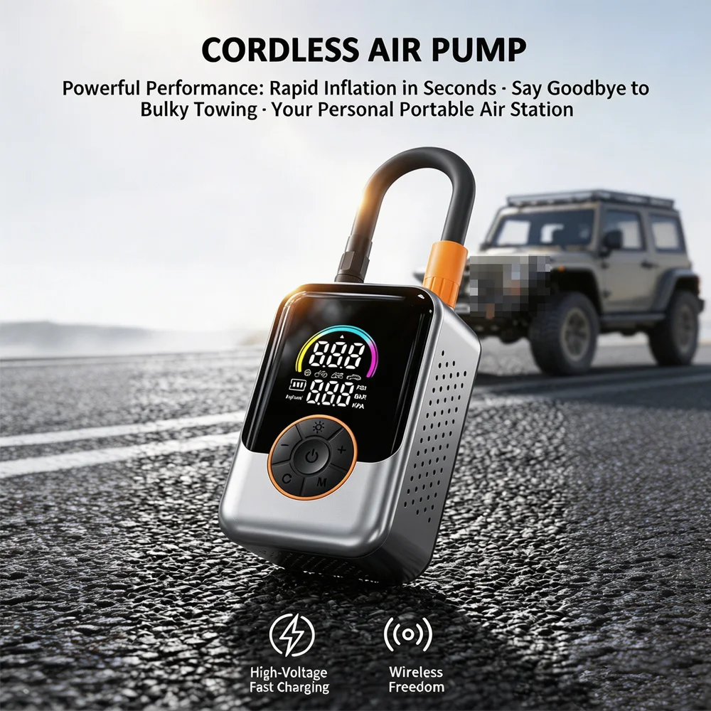 Compresseur d'air portable pour pneus de voiture, moto et vélo, avec écran couleur, pompe à air électrique pour gonflage des pneus, outils de gonflage.