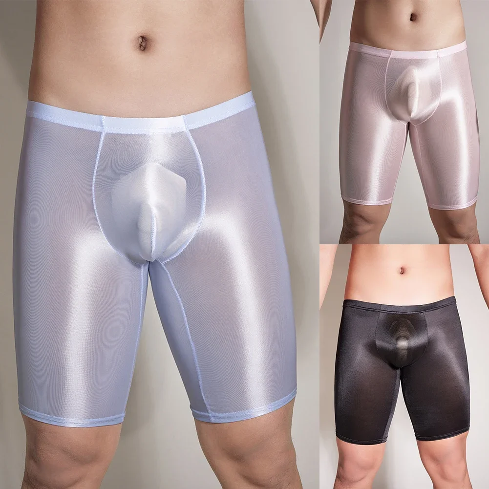 Men Sexy Elastic Long Boxershorts Shiny Glossy See-Through Shorts Trunks Fitness Bottoms Short Pants Leggings Bottoms Swimming