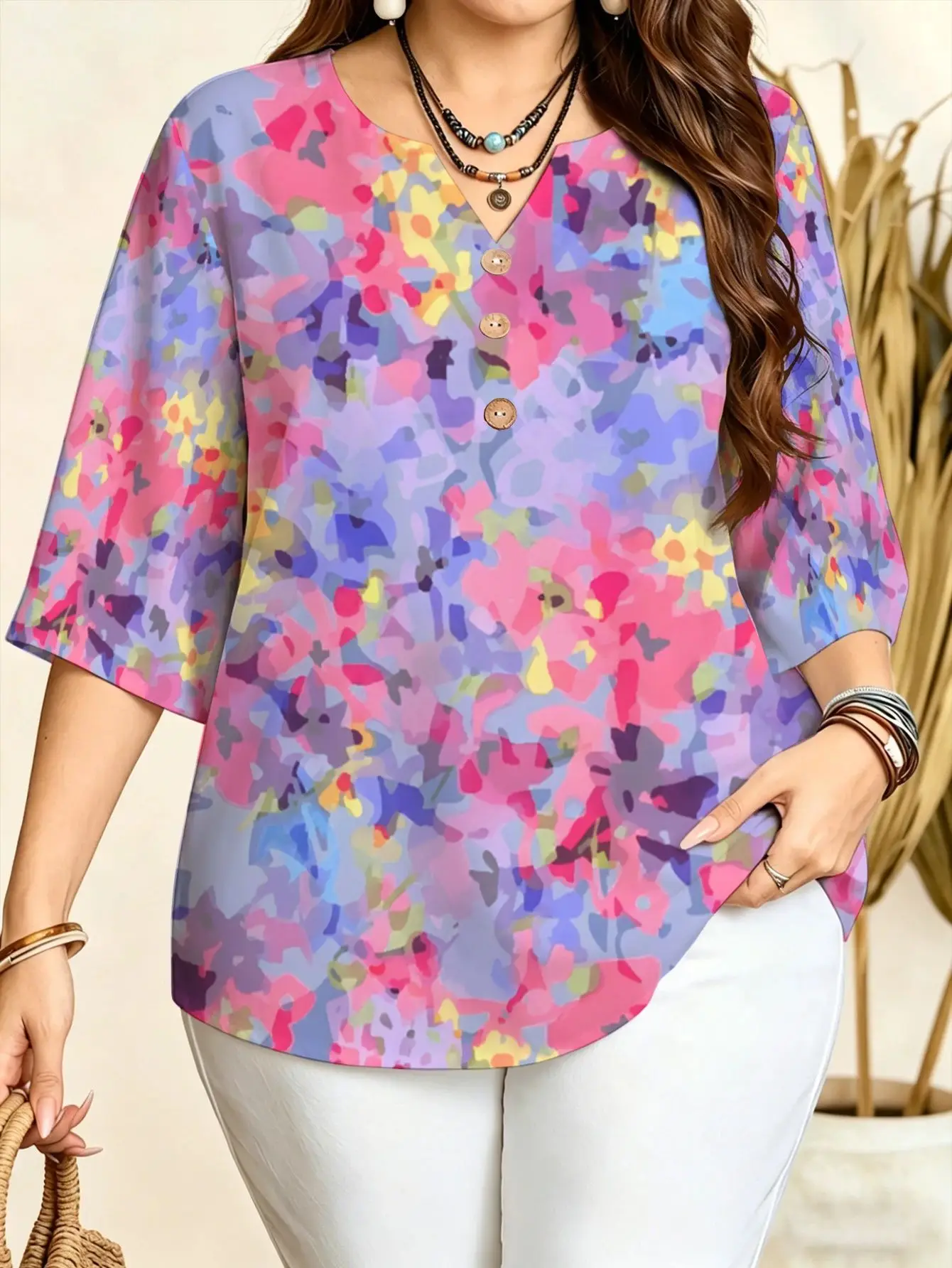 Floral Print Blouses Watercolor Lily Tulip Large Flower Oil Painting Notch V Neck 3/4 Sleeve Loose Casual Tops For Women