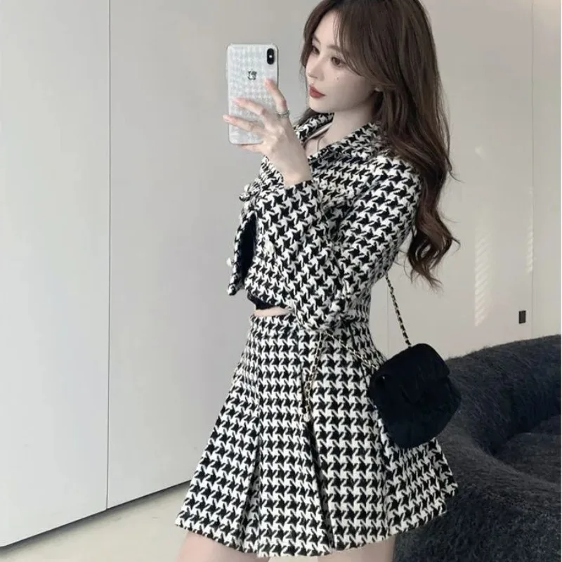 Hong kong estilo retro chique nova jaqueta saia plissada outono wear completo vestido curto conjunto moda feminina ternos de duas peças meninas