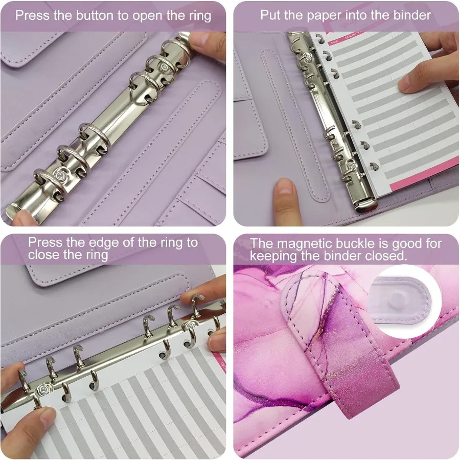 A5 Refillable 6 Ring Faux Leather Budget BinderMini Notebook Binder Cover for A5 Filler Paper Loose Leaf Peol Planner Cover wit