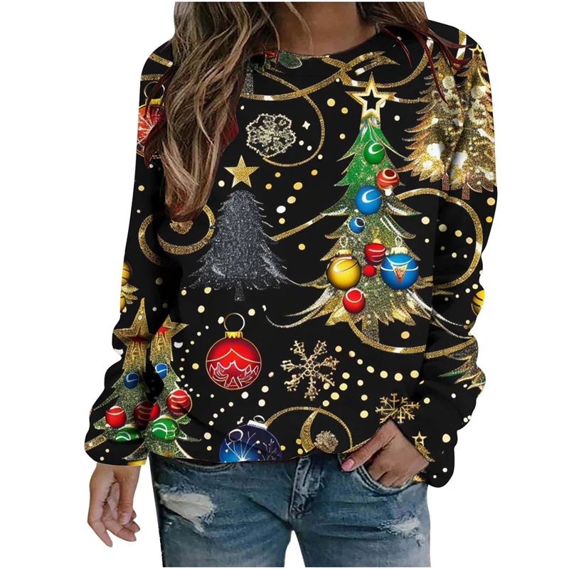 Funny Christmas Trees Ornaments 3D Printing Sweatshirts Reindeer Xmas Graphic Ugly Christmas Sweatshirts Mens Round Neck Hoodies