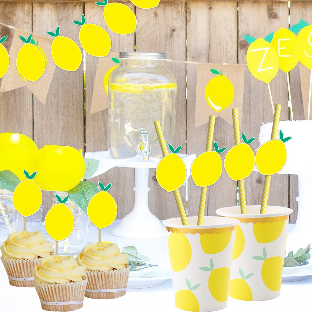 1set Lemon Disposable Straws Paper Banner Cupcake Toppers for Summer Lemon Fruits Themed Happy Birthday Party Decoration Supply