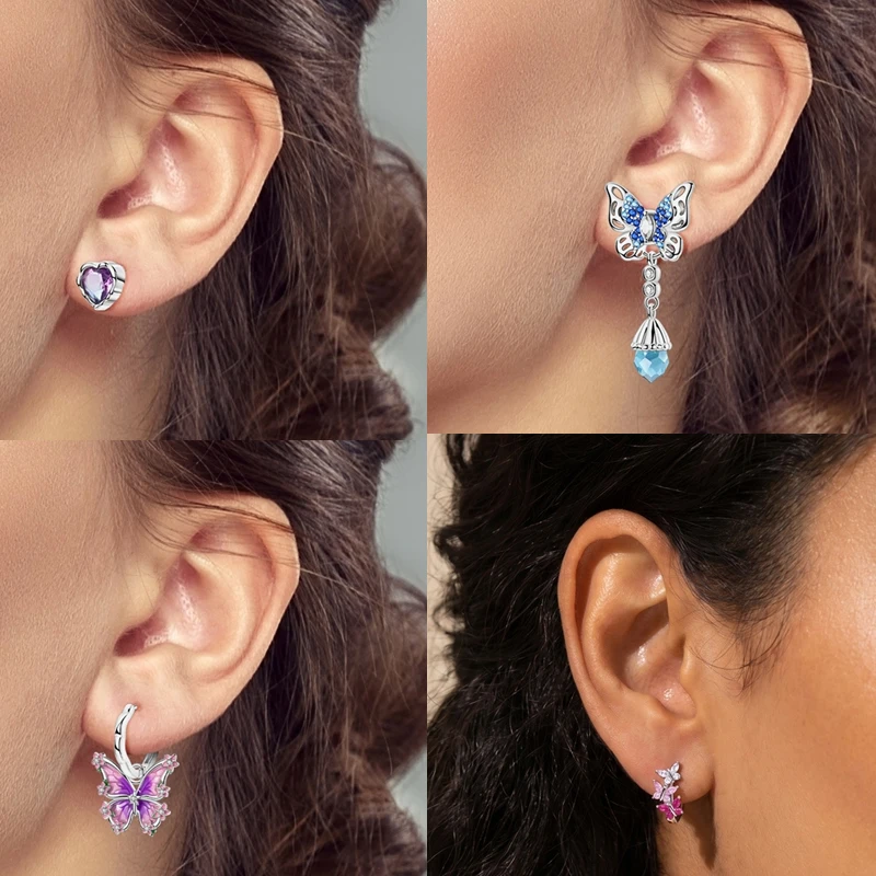 925 Sterling Silber Creolen Schmetterling Regenbogen Blume Tulpe Iris Lila Hängeohrringe Schmuck Geschenk für Frauen Mädchen – Detail 7