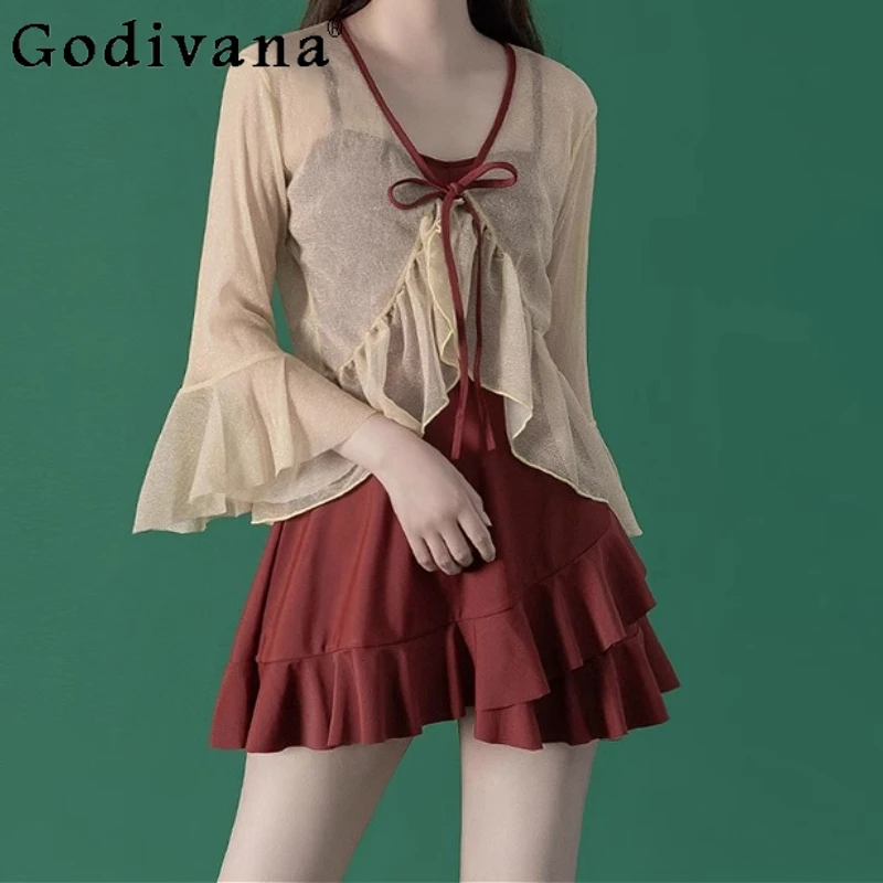 

2025 New Sweet Ruffles Square Neck Conservative One-piece Swimsuit Female Cute Long Sleeve Pool Party Vacation Lace-up Blouse