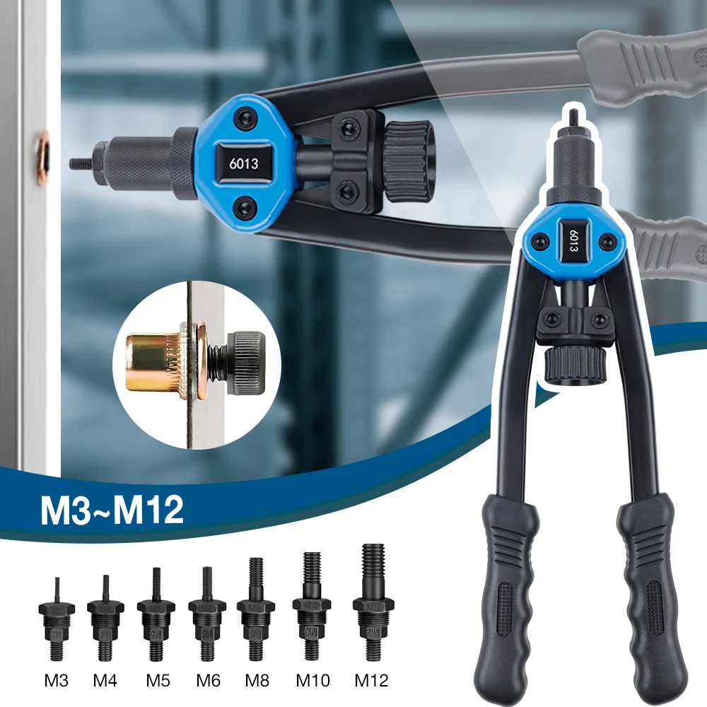 Set di pistole per rivetti manuali, rivettatrice a trazione M3 M4 M5 M6 M8 M10 M12, rivettatrice professionale per uso domestico, strumento per rivetti rapidi fai da te, inclusi 110 rivetti, cassetta degli attrezzi
