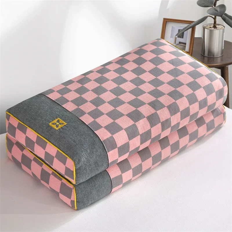 Double-layer yarn checkerboard square pillow buckwheat shell filled single pillow pillow core removable and washable pillowcase