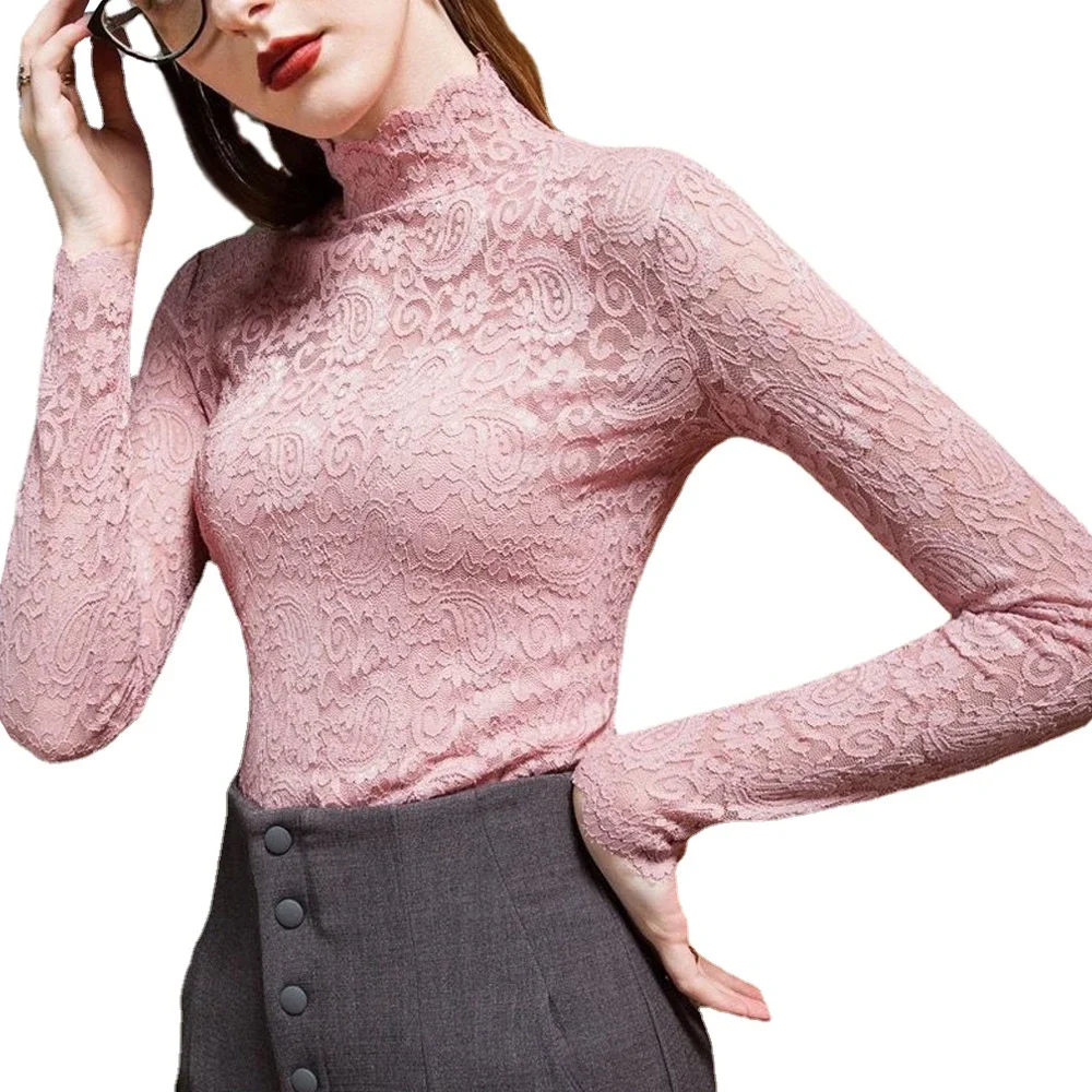 Blouse Women Transparent Lace Shirt Stretch Turtleneck Petal Sleeve Women Blusas Mujer De Moda 4 Styles 12 Colors T Shirt Tops