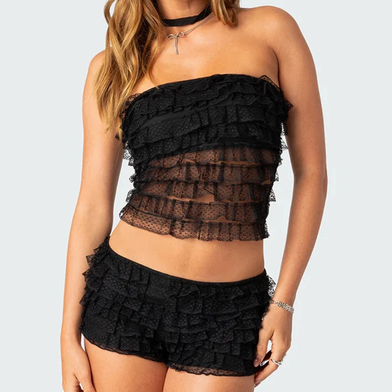 Y2K Lace Sheer Multi-layers Tube Top + Ruffle Shorts 2 Piece Set Women Strapless Crop Top Sexy Backless Camis Vintage Outfits