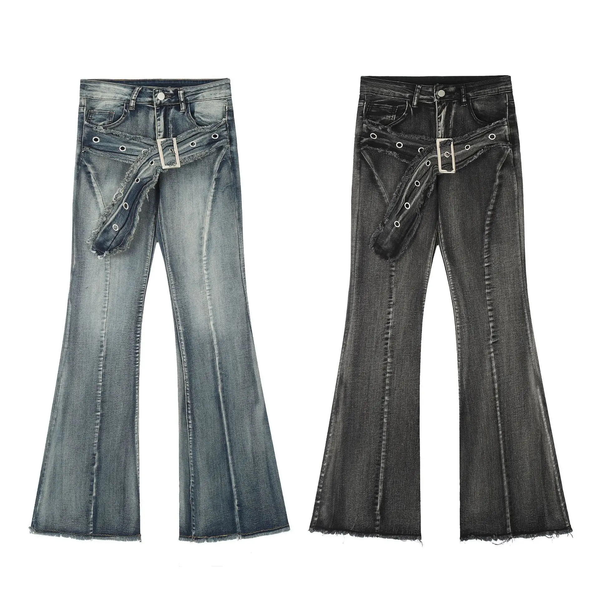 New Retro Micro-flare Women Jeans Fashionable Streetwear Hot Girl Style Belt Bristled Design Trousers Slim Straight Denim Pants