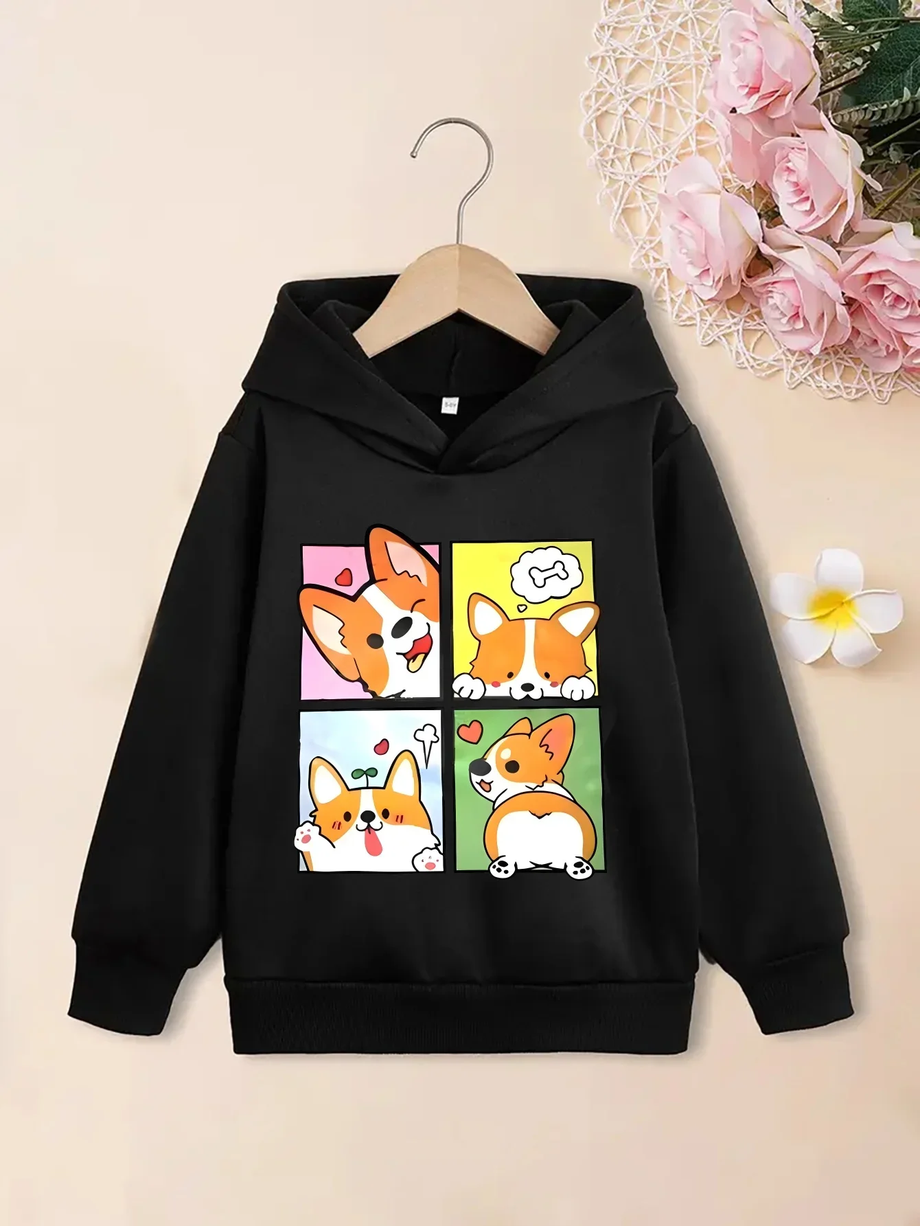 Funny Puppy Theme Kids Hoodie Corgi Comic Grid Print Pullover Autumn Winter Fleece Warm Casual Boys Girls Hooded Sweatshirt