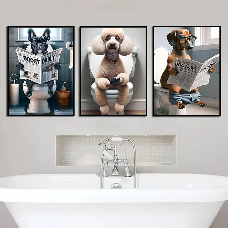 Bathroom Toilet Animals Reading Newspapers Canvas Painting Prints And Posters Room Home Decor Gifts Aesthetic Art Wall Pictures