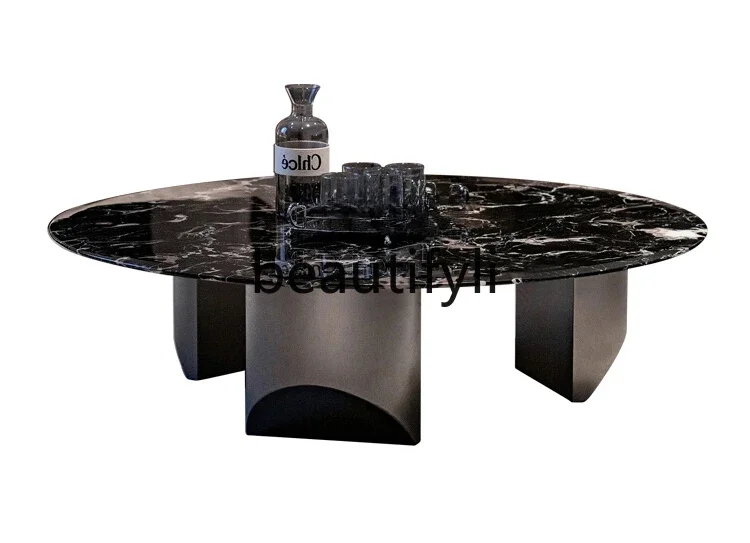 

Natural black rose marble coffee table living room Italian round light luxury suspended round coffee table luxury stone