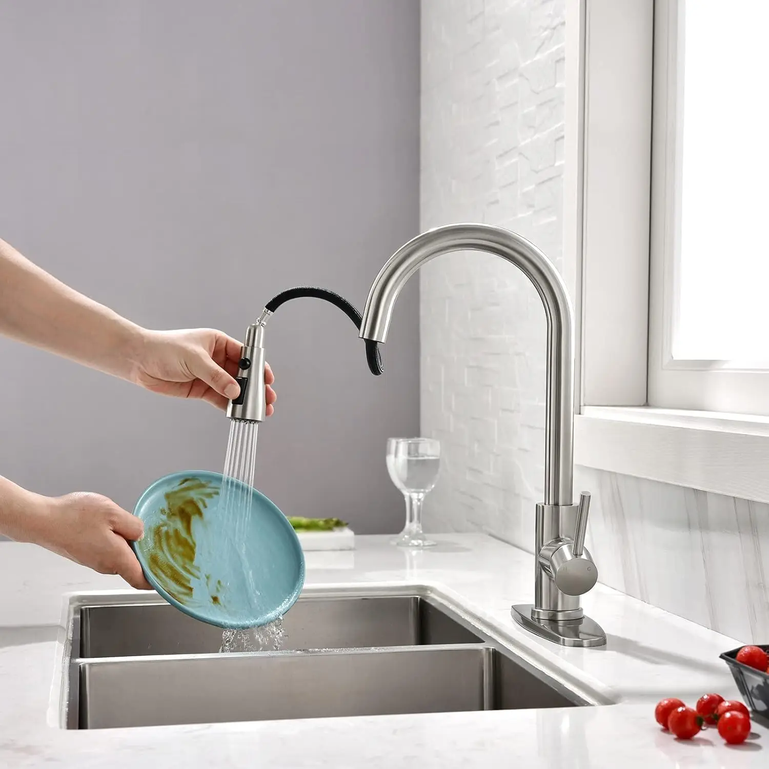 Kitchen sink faucet with pull-down spray head, suitable for RV, laundry room, bar, providing efficient cleaning