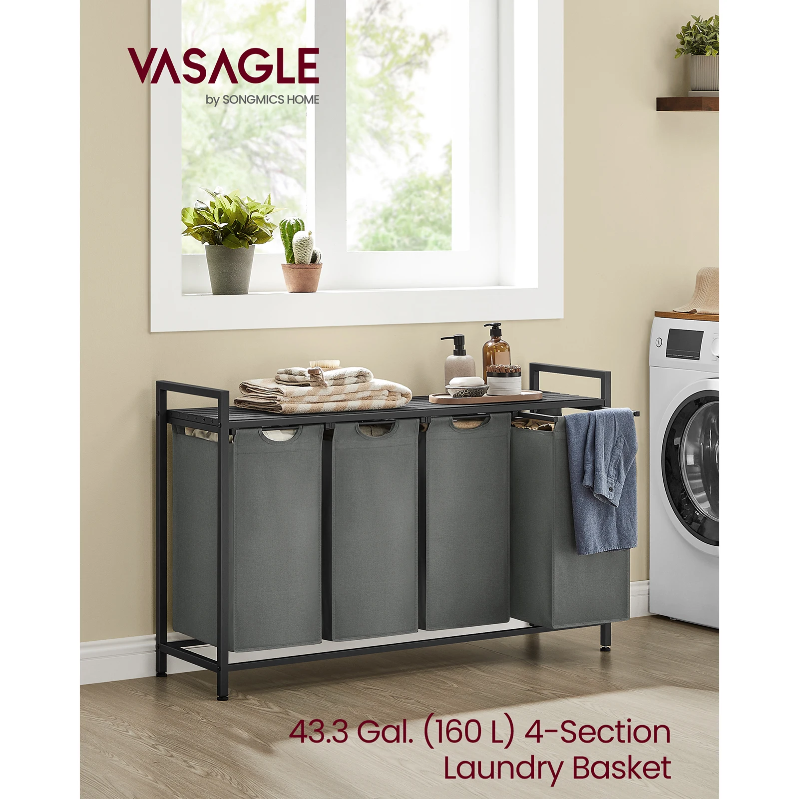 VASAGLE Laundry Basket, 4-Compartment Laundry Hamper, Pull-Out and Removable Laundry Bags, Laundry Sorter, Shelf, Metal Frame