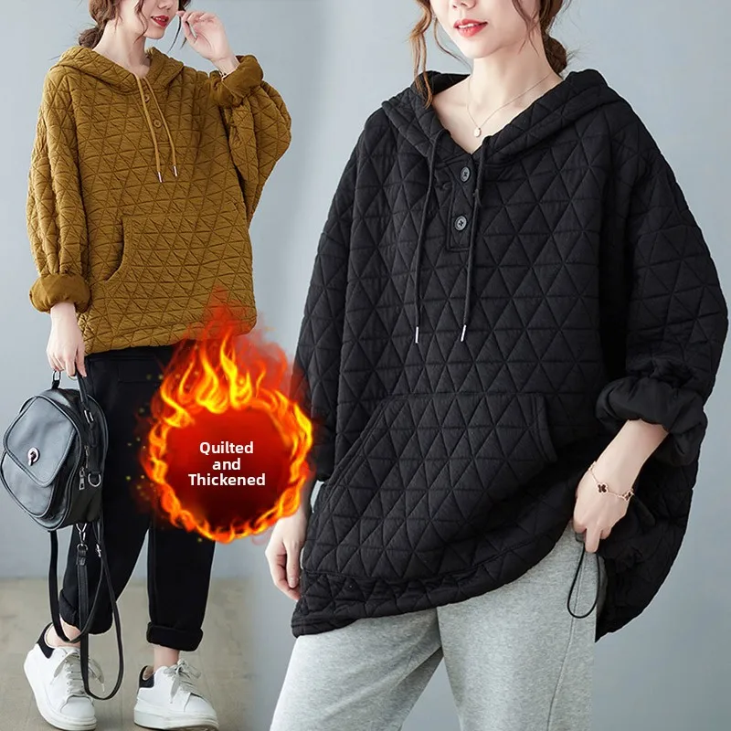 

Женская толстовка с капюшоном больших размеров Jaet Thiened Long Sve Cotton Clothes Diamond Stitching ket Design Commute Sle Artistic L...