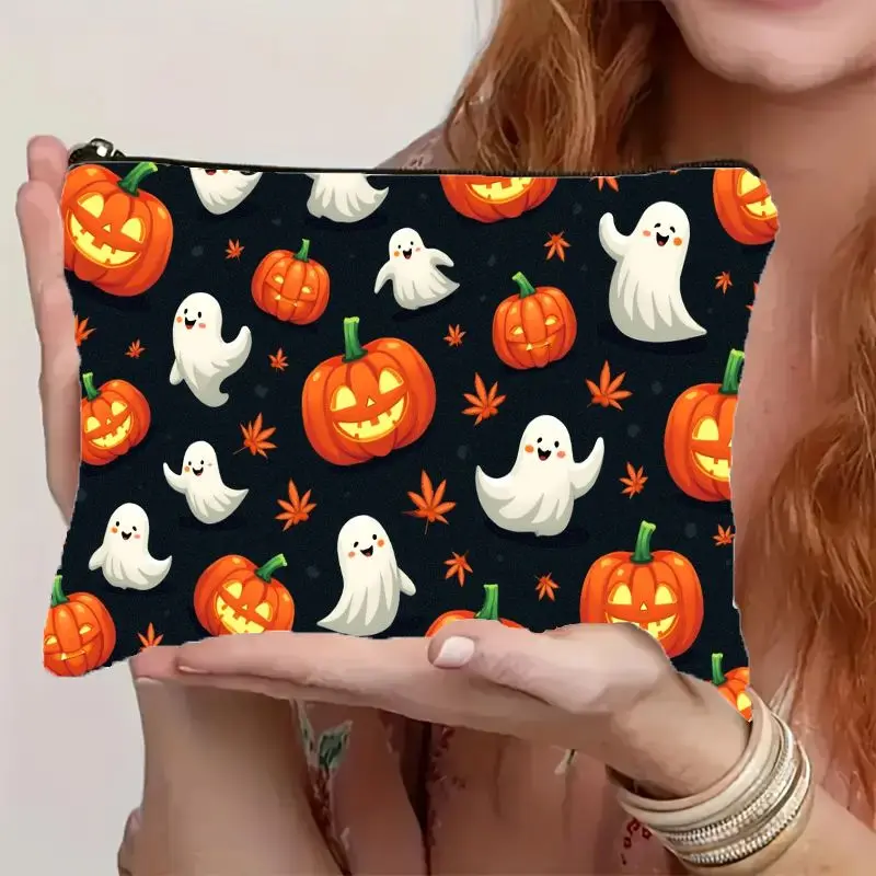 Cute Halloween Ghost Pumpkin Cosmetic Bag Black Background Cartoon Print Zipper Makeup Pouch Large Capacity Toiletry Storage Bag