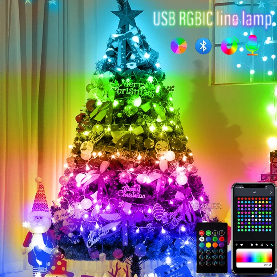 5/10/20M USB Christmas Lights String Music WS2812B IC RGB Christmas Decoration New Year fairy lights Garden led light strip