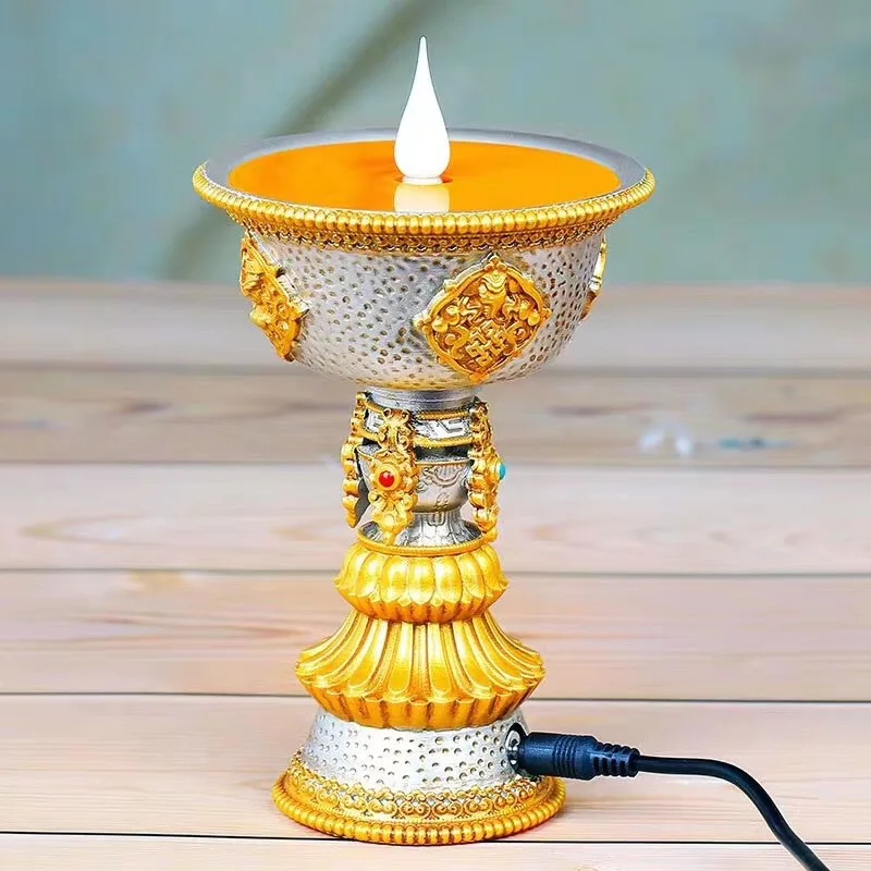 Resin Electric Thailand Butter Candle Lamp and Candlestick,Rechargeable Yellow LED, Buddhist Altar Lamp, Tibetan BaJiXiang Light