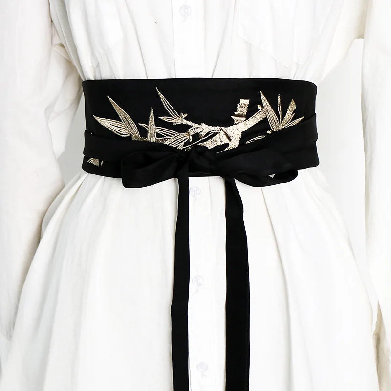 Women Satin Embroidered Corset Waistband Japanese Kimono Yukata Waist Belt Self Tie Wrap Sash Straps Antique Hanfu Dress Belt