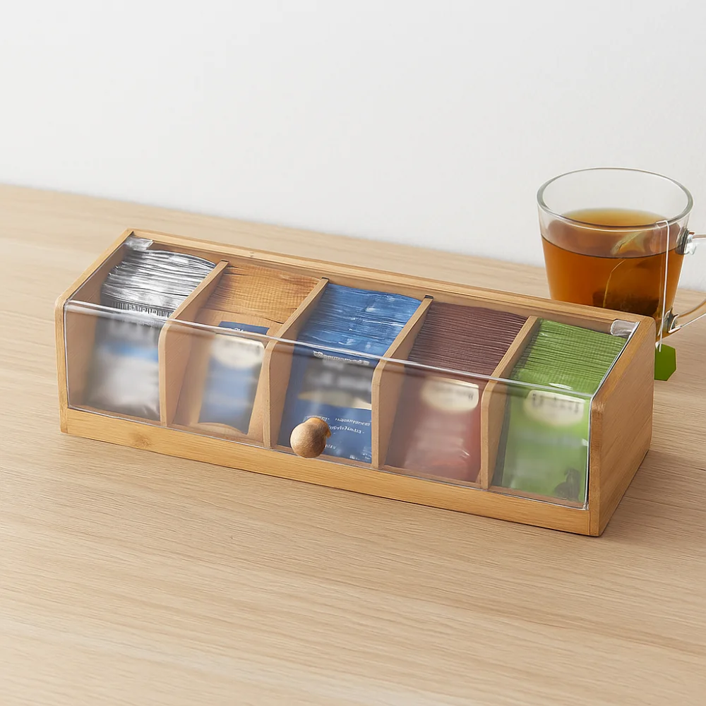 

5 Slots Tea Bag Storage Organizer Handmade Bamboo Coffee Capsule Storage Box Transparent Portable Desktop Sundries Organizer