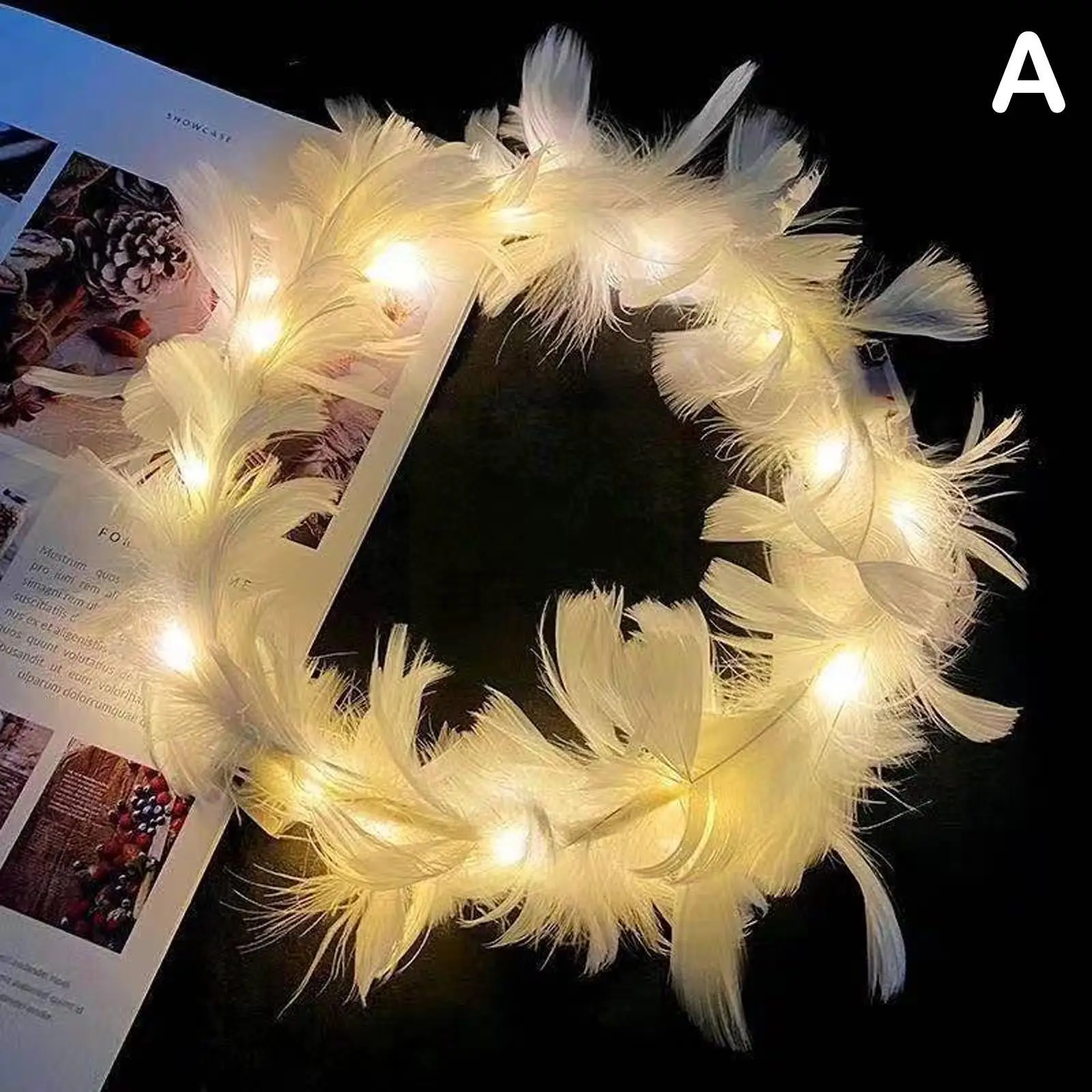 LED Feather Wreath Flower Crown Headband Women Luminous Light Up For Christmas New Year Wedding Festival Party Angel Crown