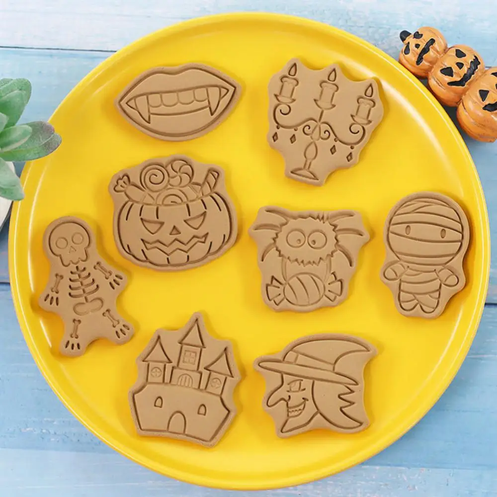 Cookie Cutters Set Cartoon Owl Castle Pumpkin Witch Vampire Skull Pressable Cookie Stamp Biscuit Mold Halloween Decoration