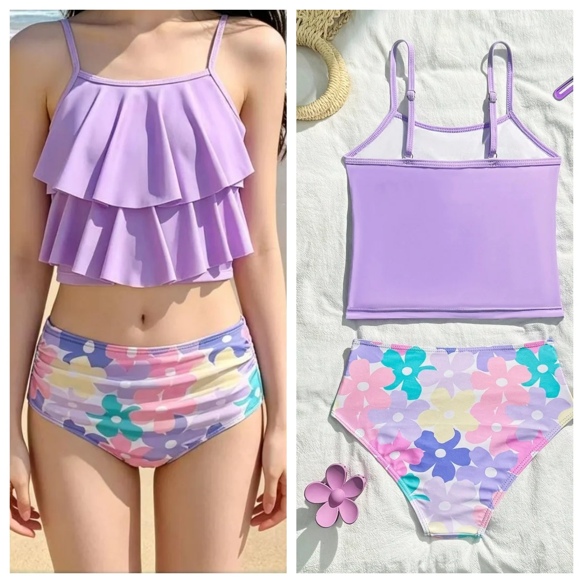 

Child Girl's 2pcs Swimsuit Multi-Layered Ruffle Short Top + Swim Trunks Hot Spring Swimwear for Girls Summer Bathing Suit 8-12Y