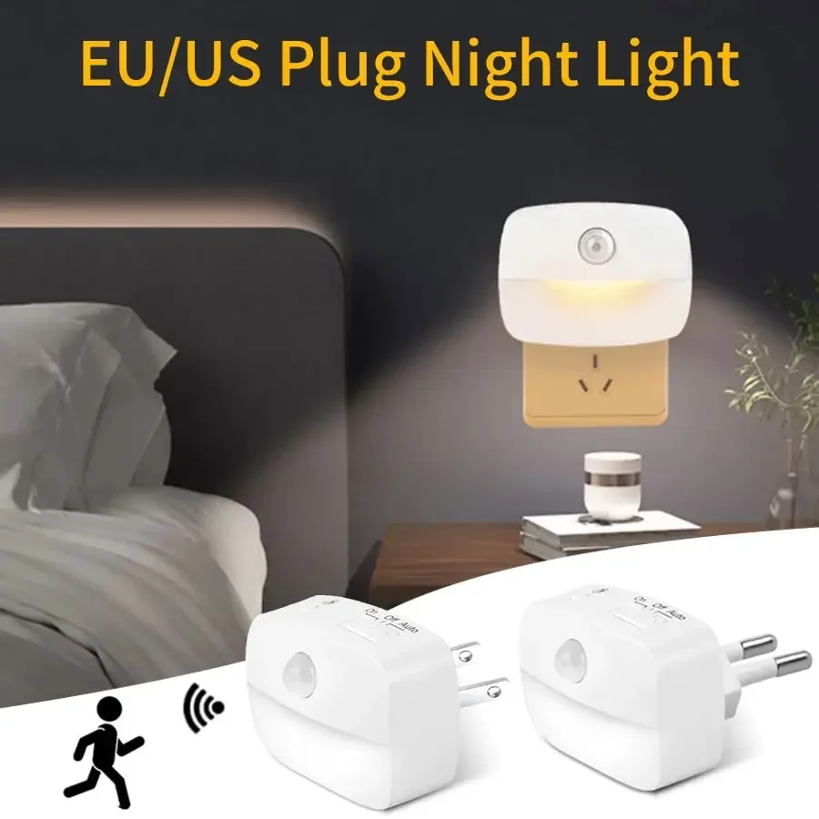 

US EU Plug in LED Night Light Motion Sensor Lamp Nightlights Kitchen Bedroom Hallway Stairs WC Night Lamp 3 Colors Temperature