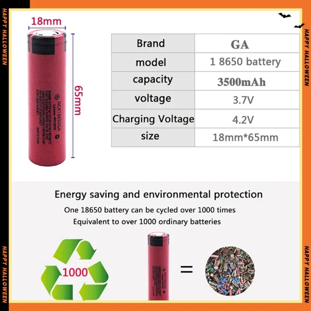 NCR 18650 GA High Discharge 3.7V 3500mAh 18650 Rechargeable Battery Flashlight Flat-top Lithium Battery+DIY Battery Rechargable