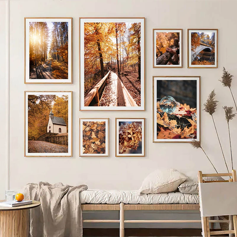 Paisaje Natural de Hojas de arce doradas, carteles de árboles, cabaña forestal, impresiones, arte de pared, pintura en lienzo, paisaje, decoración de habitación, otoño