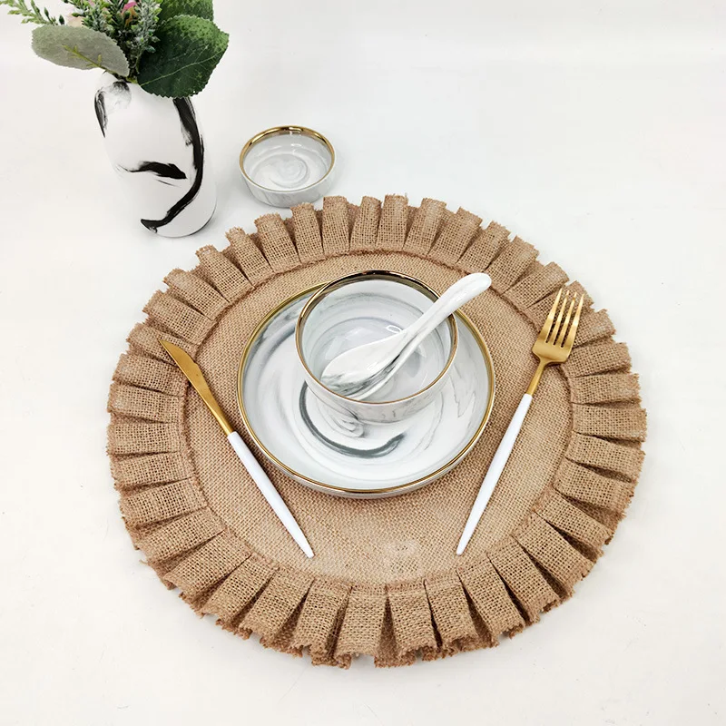 100% Jute Placemat Natural Linen Color Round Pleated Wave Lace Heat Insulation Pad Dining Table Decoration Mat Coffee Coaster