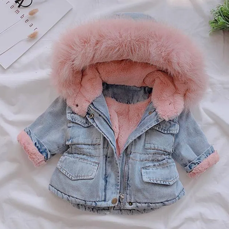 Girls Clothing Baby Coats for Girls Fur Collar Jackets For Winter Autumn Kids Clothes Plus Velvet Thick Denim Children Outerwear