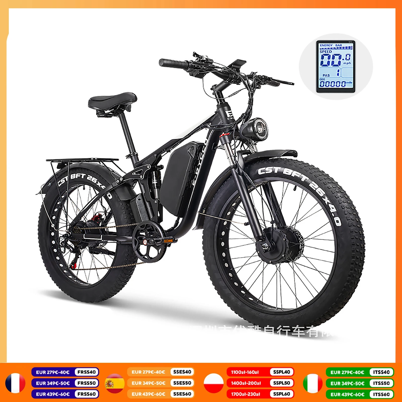 

vélo électrique 2000W double moteur 52V 23AH 26 "gros pneu E-Bike adulte e-mountain Suspension complète, frein hydraulique