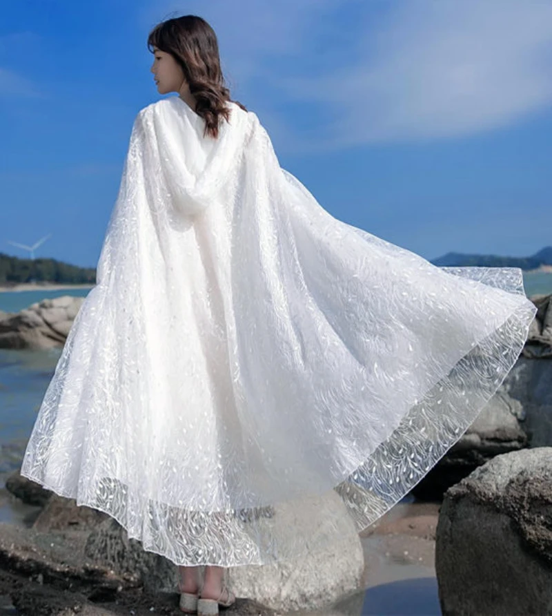 White Shawl Cloak Hooded Holiday Loose Lace Cape Outer Wear Women coatwedding cloak