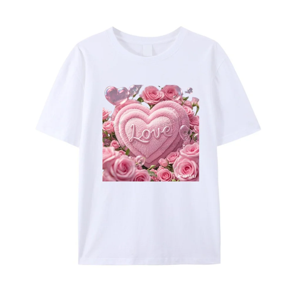 Pink rose love print children's adult T-shirt combed 100% cotton back collar shoulder short-sleeved tops