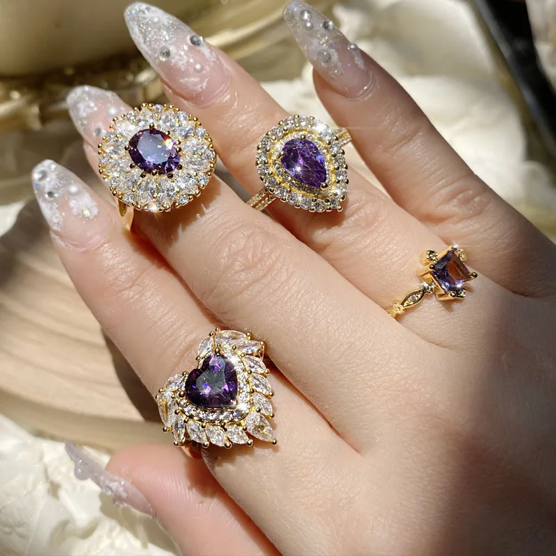 Brilliant Luxury Mysterious Purple aaa Cubic Zirconia Adjustable Geometry Ladies Ring Dinner Party Anniversary Jewelry Gift