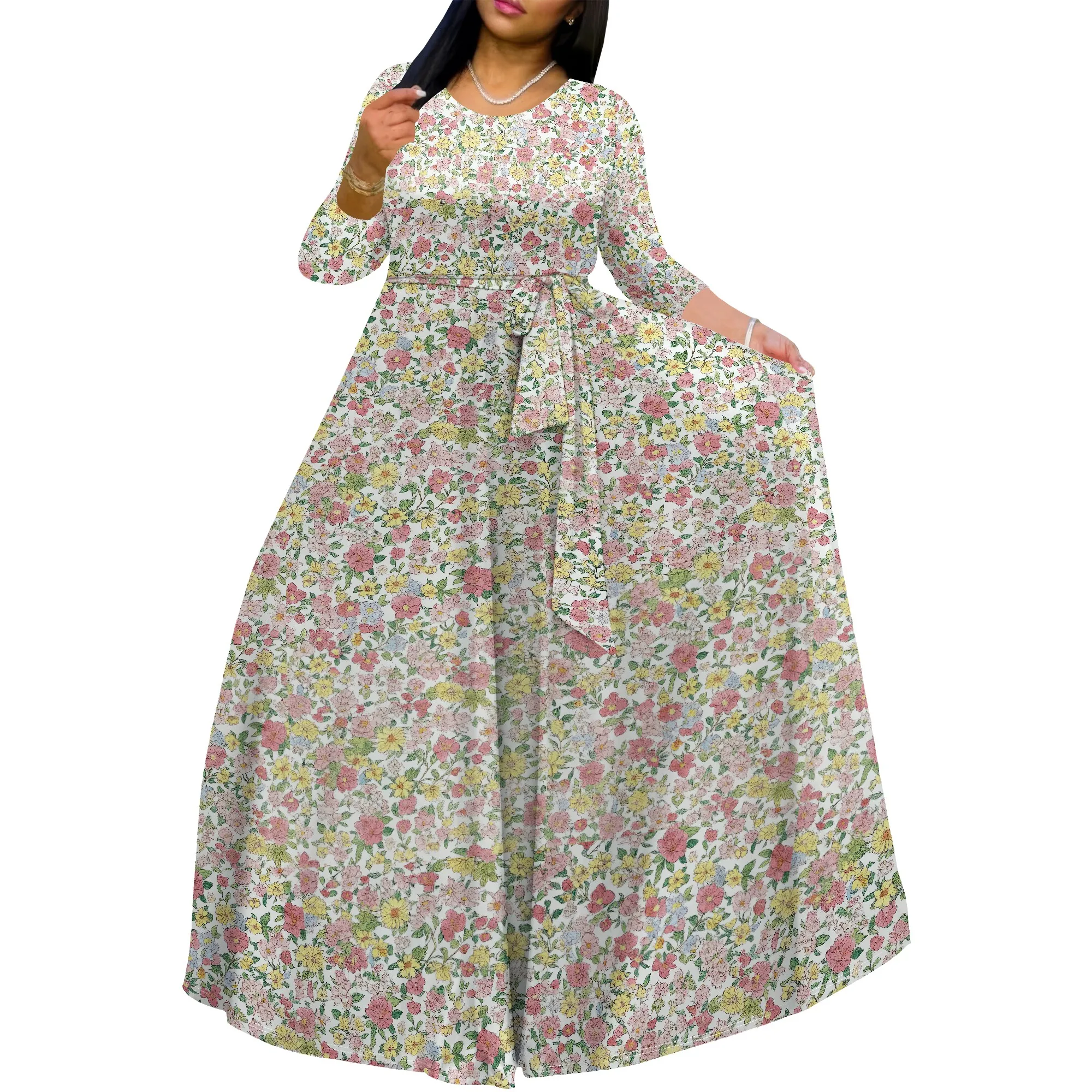 ชุดเดรสพิมพ์ลายดอกไม้พฤกษศาสตร์สตรี Casuel Crew Neck Long Maxi Dresses พร้อมเข็มขัด