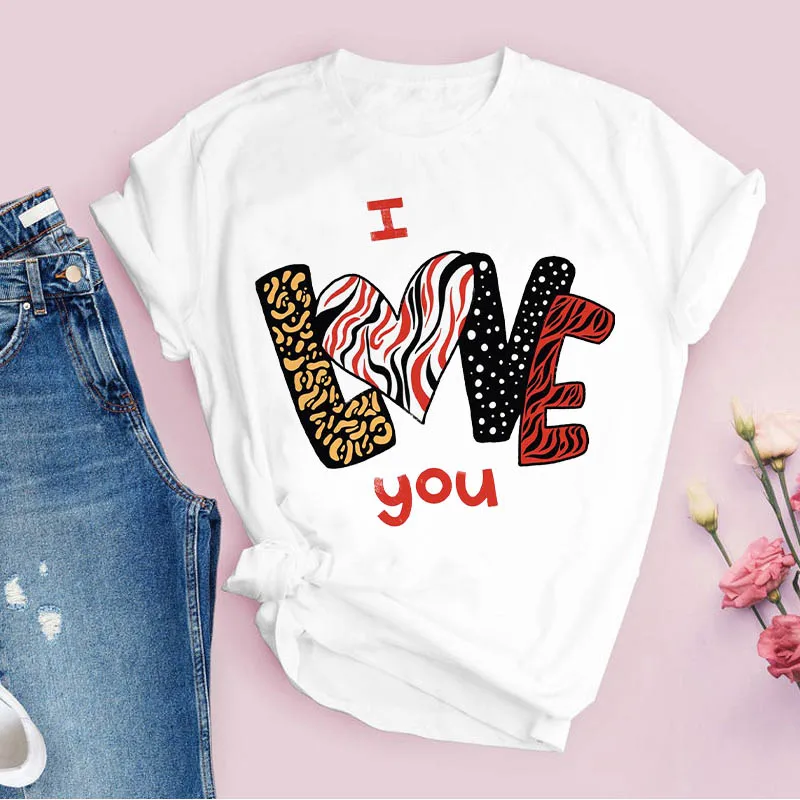 

Women T-shirt 2022 O-neck Leopard I Love You Tees shirts Funny Summer Female TShirt Cartoon Graphic Ladies T Shirt Tops