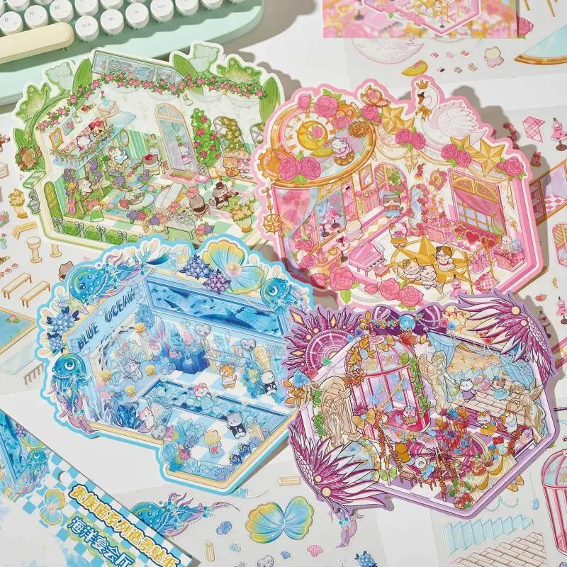 

Card Lover 4 шт. [Серия Noble Meow] Пейзажные наклейки 3D Материал Балетная зала Океан Банкетный зал Симпатичный журнал для скрапбукинга