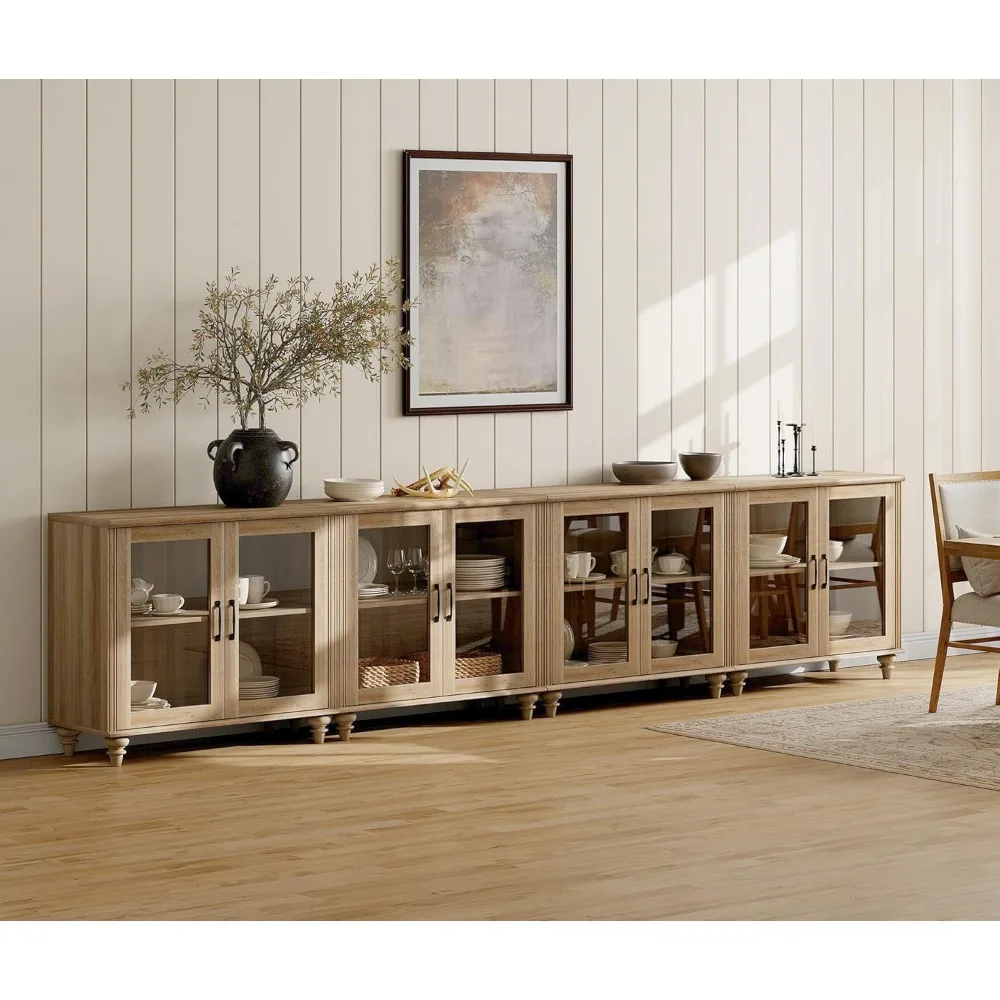 

Buffet Cabinet with 8 Glass Doors, Large Coffee Bar Table Wood Kitchen Storage Cabinets, Modern Farmhouse Sideboard Credenza