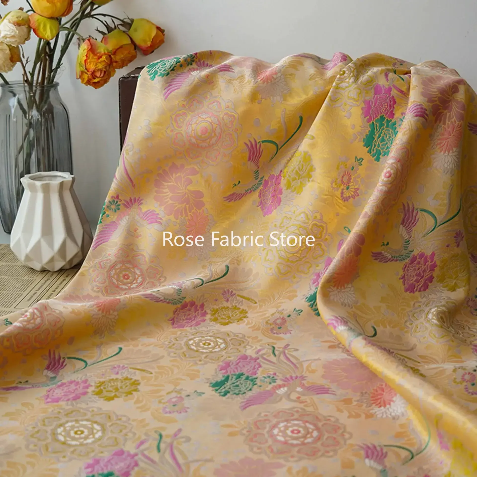 

1 Meter Yellow Retro Brocade Jacquard Fabric Women's Dress Vest Cheongsam Decorative Sewing Fabric