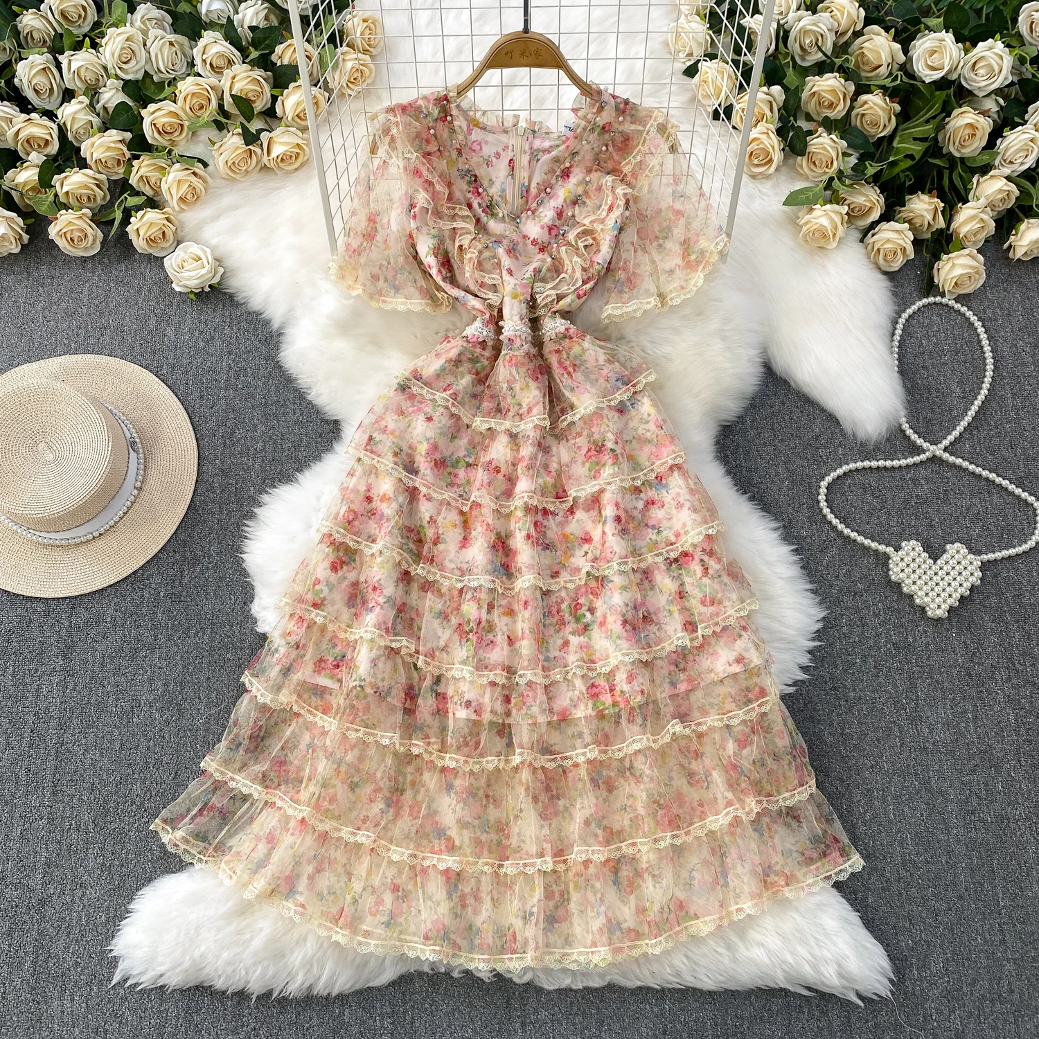 

Sexy mesh print sweet print Retro A-line Chic Casual Beach Vacation Slip Dress Women Summer Vestidos