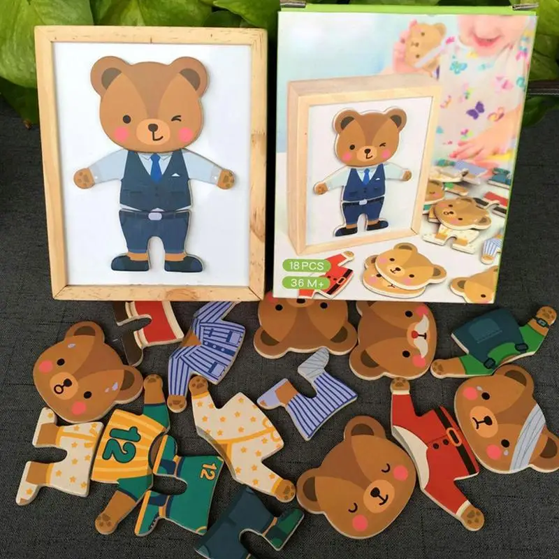 Puz rompecabezas de madera para niños, puzle magnético de oso para niños, juguetes de aprendizaje preescolar, clasificación de patrones de dibujos animados y emparejamiento