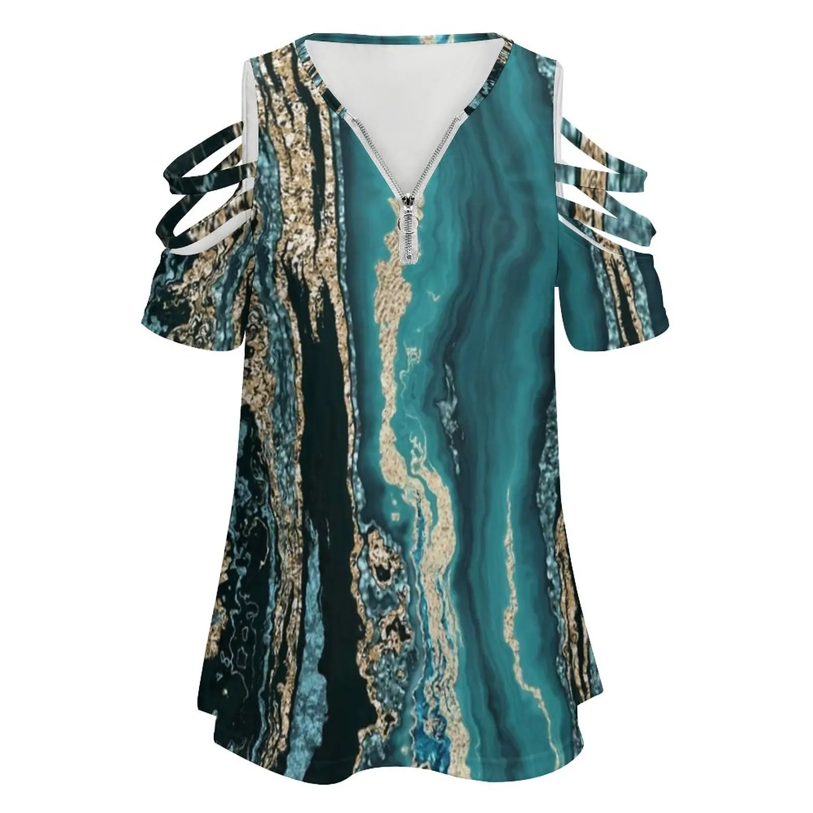 Turquoise Gold Sparkling Luxury Marble Gemstone Art New Fashion Zip Off Shoulder Top Short-Sleeve Women Shirt Gold Marble