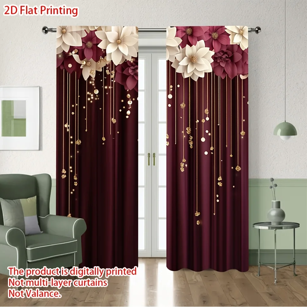 2pcs 2D Flat Printing Floral Burgundy Golden Decor Semi-Blackout Curtains Rod Pocket Design Room Decoration,Perfect for Bedroom