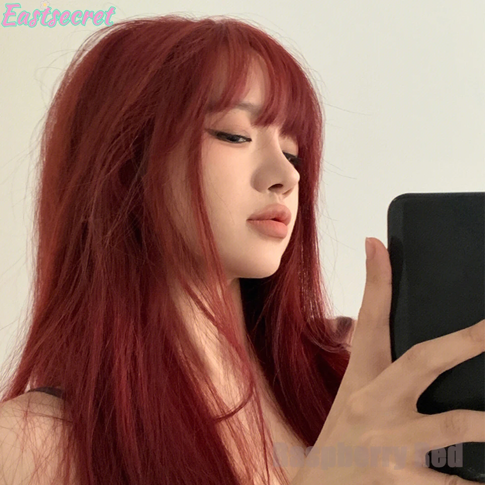 EASTSECRETSynthetic Rose Wine Red Long Straight Hair With Bangs Wig Matte High-temperature Silk Breathable And Natural In Summer