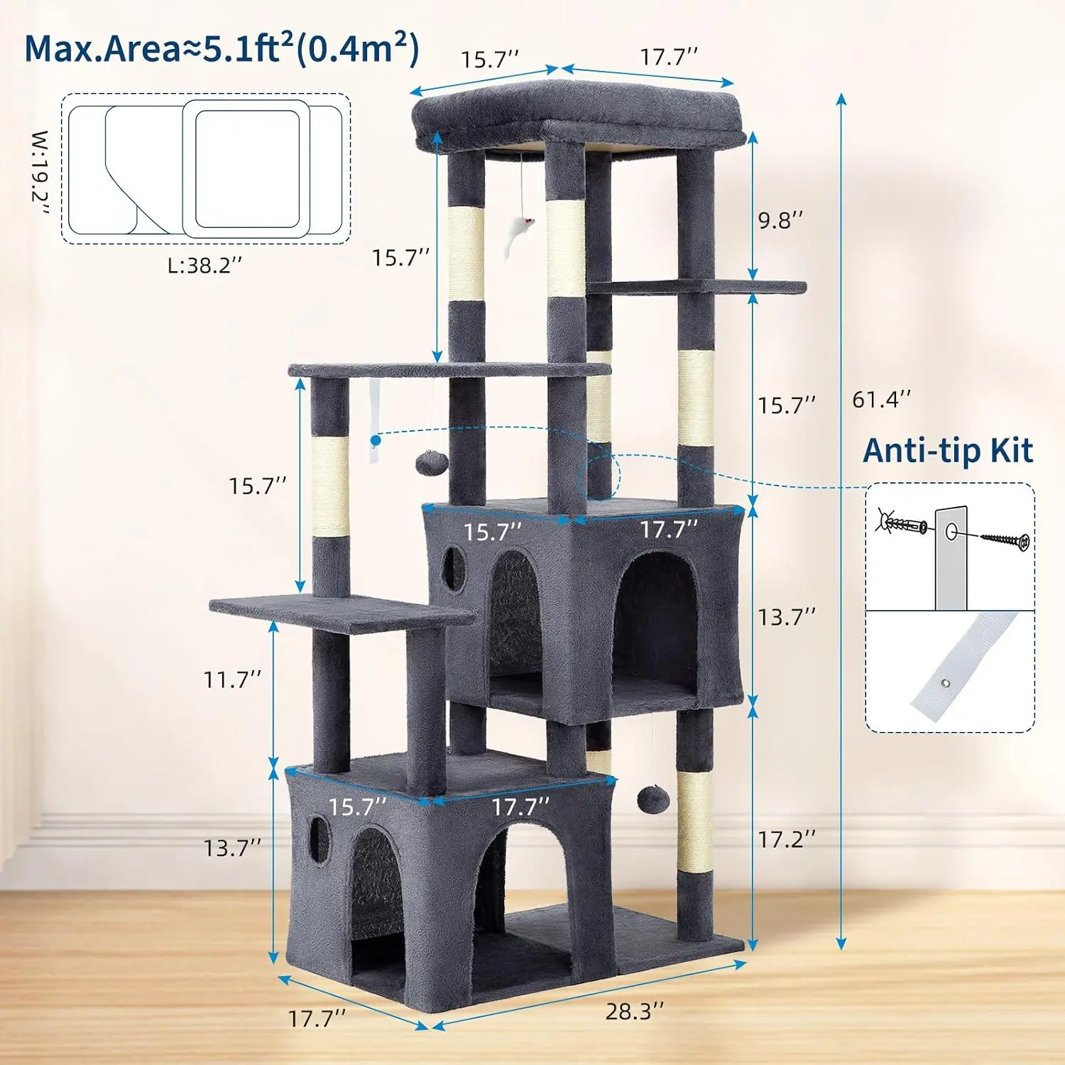Tacleekii 61" Cat Tree with Extra Large Perch 2 Spacious Condos Multi-Level Cat Tower Natural Sisal Scratching Posts, Interactive Toys for Medium Large Indoor Cats gallery 6