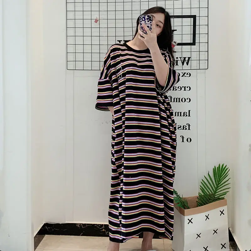 Oversized Summer Trend Loose Striped O-neck Short Sleeve Casual Dresses Women Clothing Simplicity Printing Pullover Long Dress